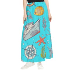 Colored-sketched-sea-elements-pattern-background-sea-life-animals-illustration Maxi Chiffon Skirt by uniart180623
