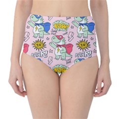 Seamless-pattern-with-many-funny-cute-superhero-dinosaurs-t-rex-mask-cloak-with-comics-style-inscrip Classic High-waist Bikini Bottoms by uniart180623