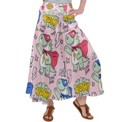 Seamless-pattern-with-many-funny-cute-superhero-dinosaurs-t-rex-mask-cloak-with-comics-style-inscrip Women s Satin Palazzo Pants by uniart180623