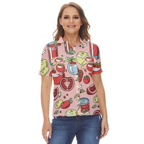 Tomato-seamless-pattern-juicy-tomatoes-food-sauce-ketchup-soup-paste-with-fresh-red-vegetables Women s Short Sleeve Double Pocket Shirt by uniart180623