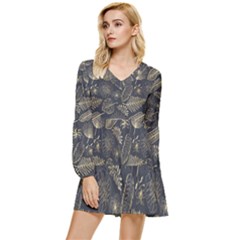 Elegant-pattern-with-golden-tropical-leaves Tiered Long Sleeve Mini Dress by uniart180623