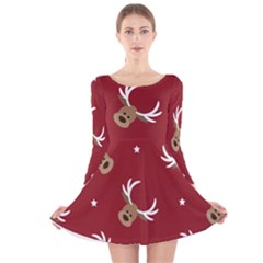 Cute-reindeer-head-with-star-red-background Long Sleeve Velvet Skater Dress