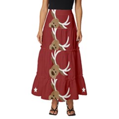 Cute-reindeer-head-with-star-red-background Tiered Ruffle Maxi Skirt by uniart180623