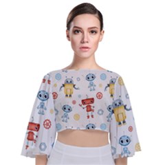 Cute-cartoon-robots-seamless-pattern Tie Back Butterfly Sleeve Chiffon Top by uniart180623