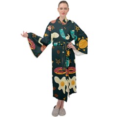 Seamless-pattern-with-breakfast-symbols-morning-coffee Maxi Velvet Kimono by uniart180623