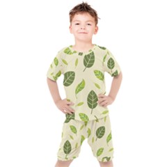 Leaf-spring-seamless-pattern-fresh-green-color-nature Kids  Tee And Shorts Set by uniart180623