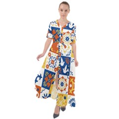 Mexican-talavera-pattern-ceramic-tiles-with-flower-leaves-bird-ornaments-traditional-majolica-style- Waist Tie Boho Maxi Dress