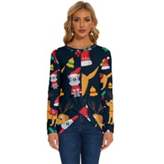 Funny Christmas Pattern Background Long Sleeve Crew Neck Pullover Top by uniart180623