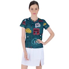 Seamless-pattern-hand-drawn-with-vehicles-buildings-road Women s Sports Top by uniart180623