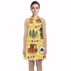 Seamless-pattern-funny-ranger-cartoon Velvet Halter Neckline Dress  by uniart180623