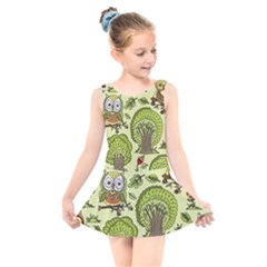 Seamless-pattern-with-trees-owls Kids  Skater Dress Swimsuit by uniart180623