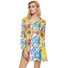 Colorful-city-life-horizontal-seamless-pattern-urban-city Tiered Long Sleeve Mini Dress by uniart180623
