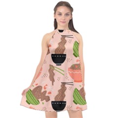 Japanese Street Food  Soba Noodle In Bowls Halter Neckline Chiffon Dress  by uniart180623