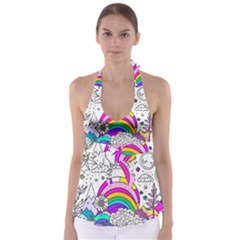 Rainbow Fun Cute Minimal Doodle Drawing Art Babydoll Tankini Top by uniart180623