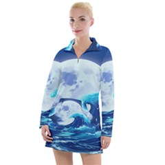 Waves Ocean Sea Tsunami Nautical Blue Women s Long Sleeve Casual Dress by uniart180623