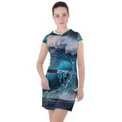 Tsunami Waves Ocean Sea Water Rough Seas Drawstring Hooded Dress by uniart180623