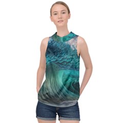 Tsunami Waves Ocean Sea Water Rough Seas High Neck Satin Top by uniart180623