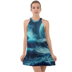 Moonlight High Tide Storm Tsunami Waves Ocean Sea Halter Tie Back Chiffon Dress by uniart180623