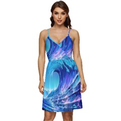 Tsunami Tidal Wave Ocean Waves Sea Nature Water Blue V-neck Pocket Summer Dress  by uniart180623