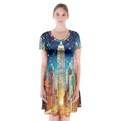 New York Confetti City Usa Short Sleeve V-neck Flare Dress by uniart180623