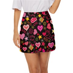 Multicolored Love Hearts Kiss Romantic Pattern Mini Front Wrap Skirt by uniart180623