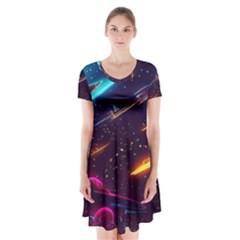 Night Sky Neon Spaceship Drawing Short Sleeve V-neck Flare Dress by Ravend