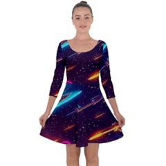 Night Sky Neon Spaceship Drawing Quarter Sleeve Skater Dress by Ravend