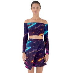 Night Sky Neon Spaceship Drawing Off Shoulder Top With Skirt Set