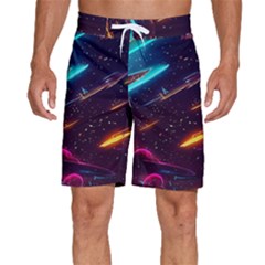 Night Sky Neon Spaceship Drawing Men s Beach Shorts by Ravend