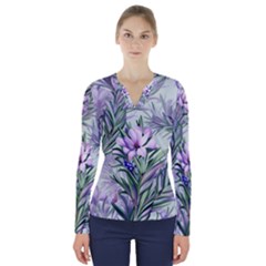 Beautiful Rosemary Floral Pattern V-neck Long Sleeve Top by Ravend