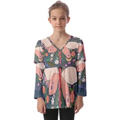 Bug Nature Flower Dragonfly Kids  V Neck Casual Top by Ravend