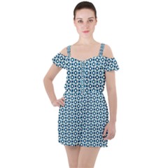 Mazipoodles Dusty Duck Egg Blue White Donuts Polka Dot Ruffle Cut Out Chiffon Playsuit by Mazipoodles