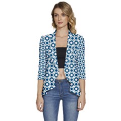 Mazipoodles Dusty Duck Egg Blue White Donuts Polka Dot Women s 3/4 Sleeve Ruffle Edge Open Front Jacket by Mazipoodles