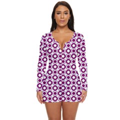 Mazipoodles Magenta White Donuts Polka Dot Long Sleeve Boyleg Swimsuit by Mazipoodles