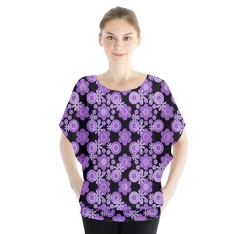 Bitesize Flowers Pearls And Donuts Lilac Black Batwing Chiffon Blouse by Mazipoodles