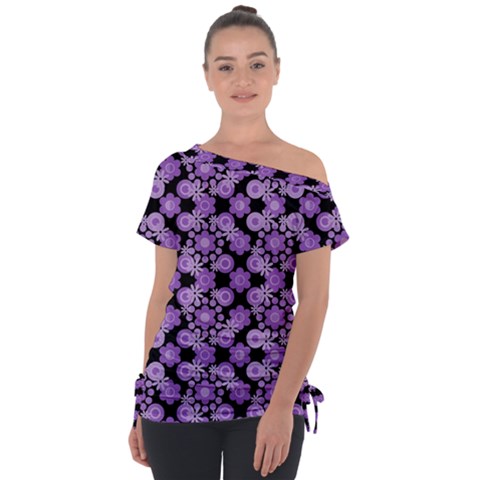 Bitesize Flowers Pearls And Donuts Lilac Black Off Shoulder Tie-up Tee by Mazipoodles