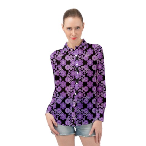 Bitesize Flowers Pearls And Donuts Lilac Black Long Sleeve Chiffon Shirt by Mazipoodles