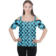 Bitesize Flowers Pearls And Donuts Blue Teal Black Cutout Shoulder Tee