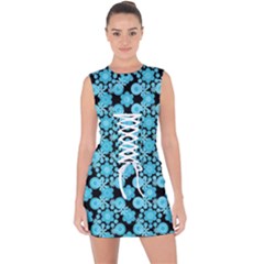 Bitesize Flowers Pearls And Donuts Blue Teal Black Lace Up Front Bodycon Dress