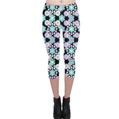 Bitesize Flowers Pearls And Donuts Turquoise Lilac Black Capri Leggings 