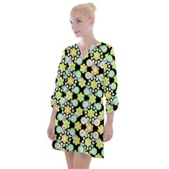 Bitesize Flowers Pearls And Donuts Yellow Spearmint Orange Black White Open Neck Shift Dress by Mazipoodles