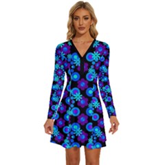 Bitesize Flowers Pearls And Donuts Purple Blue Black Long Sleeve Deep V Mini Dress  by Mazipoodles