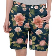 Wallpaper-with-floral-pattern-green-leaf Women s Pocket Shorts by designsbymallika