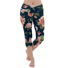 Wallpaper-with-floral-pattern-green-leaf Lightweight Velour Capri Yoga Leggings by designsbymallika