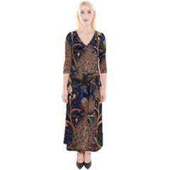 Peacock Plumage Bird Decorative Pattern Graceful Quarter Sleeve Wrap Maxi Dress