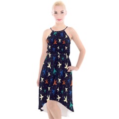 Blue Background Cute Airplanes High-low Halter Chiffon Dress  by ConteMonfrey