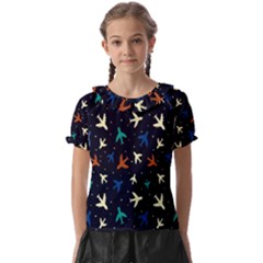 Blue Background Cute Airplanes Kids  Frill Chiffon Blouse by ConteMonfrey