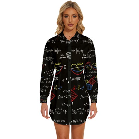 Black Background With Text Overlay Mathematics Formula Board Womens Long Sleeve Shirt Dress by uniart180623