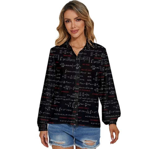 Black Background With Text Overlay Digital Art Mathematics Women s Long Sleeve Button Up Shirt by uniart180623