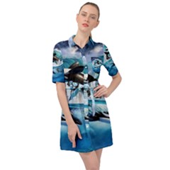 Orca Wave Water Underwater Sky Belted Shirt Dress by uniart180623